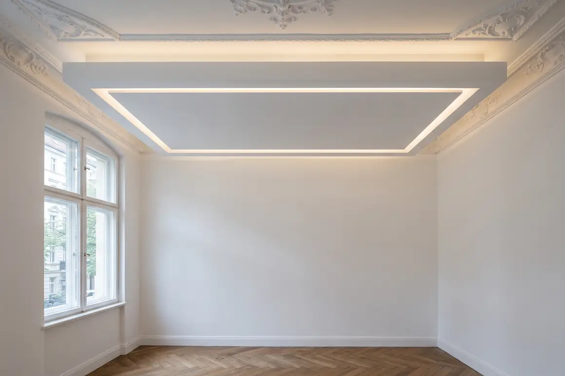 Abgehängtes Deckensegel mit umlaufender Lichtfuge unter einer Stuckdecke
