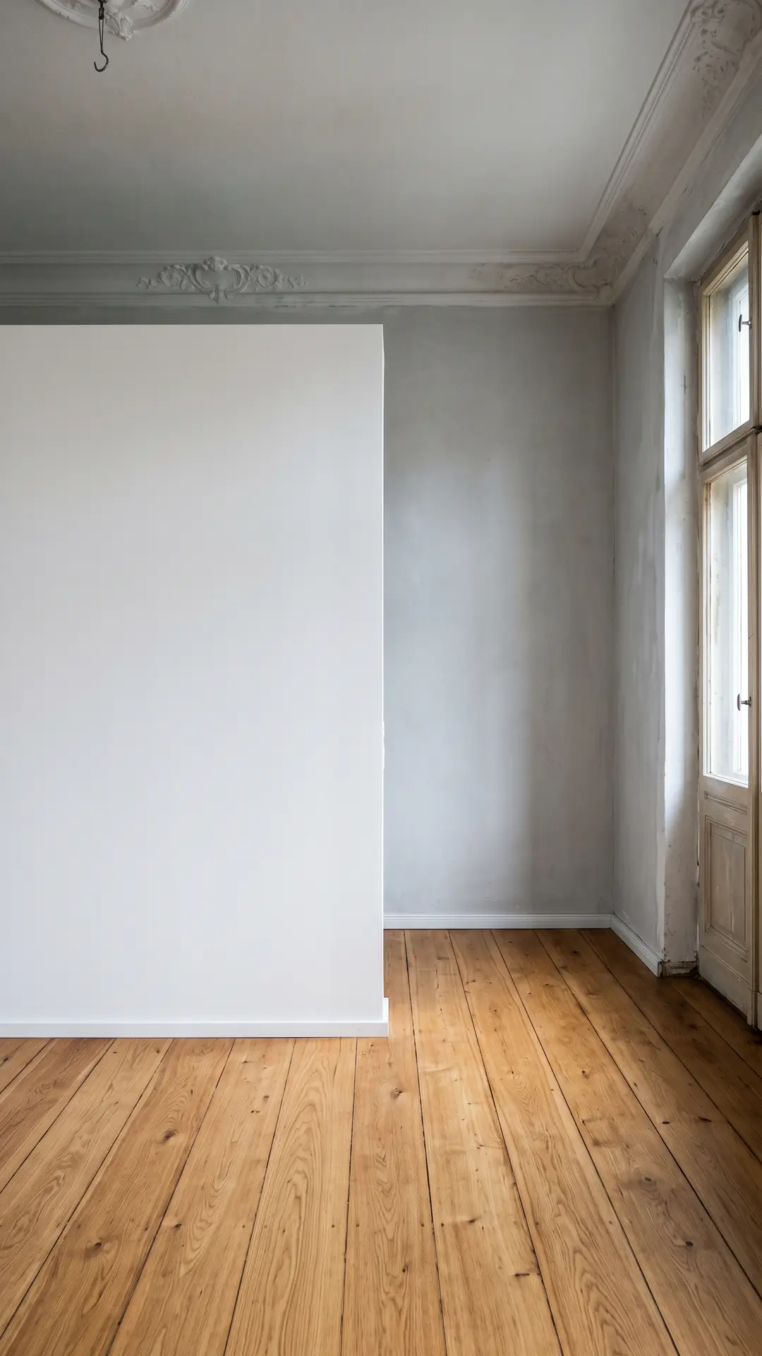 Raumecke in einem leeren Altbau: eine glatte weiße Wand trifft auf einen frisch geschliffenen Dielenboden