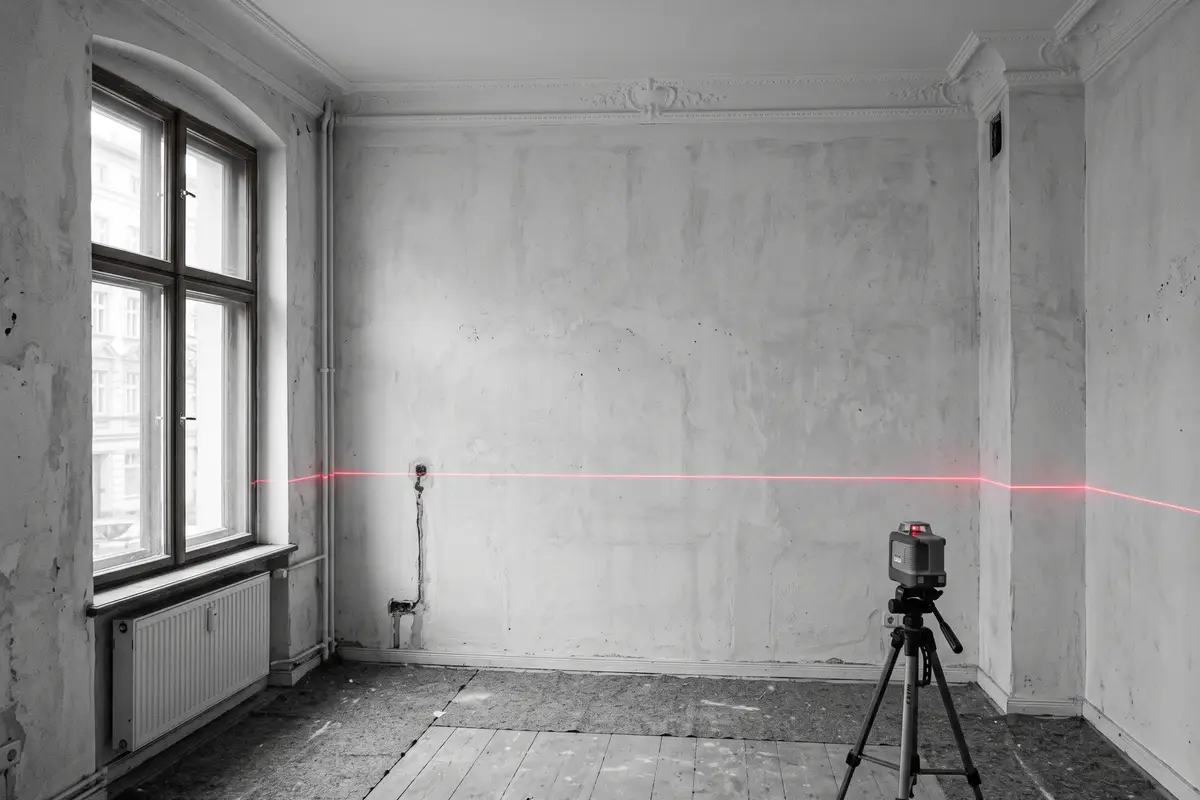 Roher Raum, ein Linienlaser zieht eine waagerechte rote Linie über die Wand