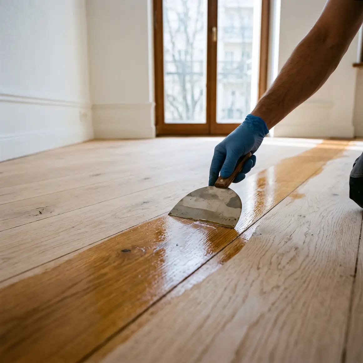 Spachtel verteilt Öl auf einem Dielenboden, das Holz dunkelt sichtbar nach
