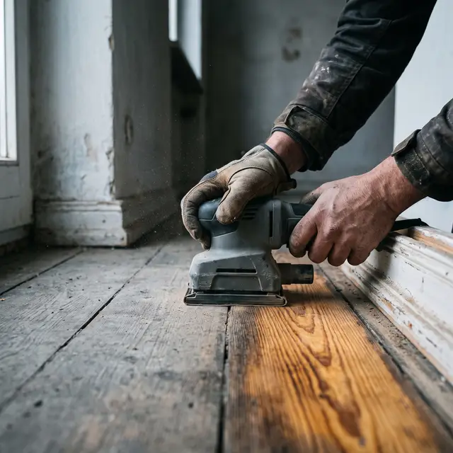 Randschleifmaschine an der Fußleiste, das Holz hinter der Maschine wirkt heller